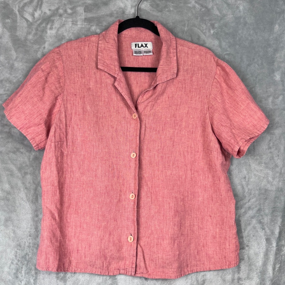 FLAX Women 100%Linen Button Up Short Sleeve Shirt Coral Pink Medium Travel Beach